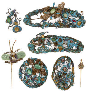
	
		A Collection of Chinese white metal and kingfisher hair ornaments, Qing dynasty, to...