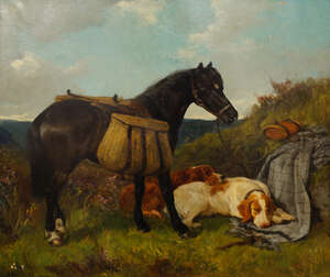 
	
		John Sargent Noble RBA, 
		British 1848-1896- 
		 
		A gamekeeper's pony and resting...