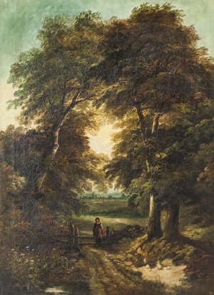 
	
		John Joseph Barker of Bath, 
		British 1824-1904- 
		 
		Woodland Path with a Young...