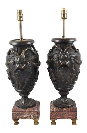 
	
		A pair of French patinated spelter urn form lamp bases, late 19th/early 20th century, 