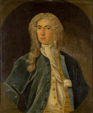 British School, 
		 
		early 18th century- 
		 
		Portrait of Thomas Hext (1699-1767), half-length turned to the right in a blue coat and powdered wig, w