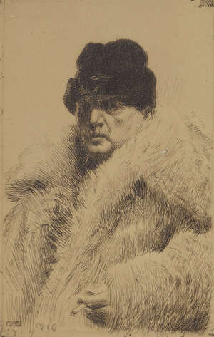 
	
		Anders Zorn, 
		Swedish, 1860-1920- 
		 
		Self Portrait, 1916;
		 
		etching on buff...