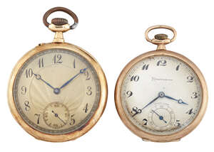 
	
		An early 20th century gold open face keyless pocket watch and a 9ct gold open face pocket...