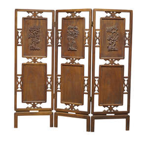 
	
		A Chinese hardwood 'Three Friends of Winter' three section two fold screen, early 20th...