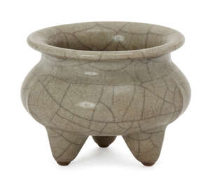 
	
		A Chinese porcelain Ge-type tripod censer, 20th century, of compressed globular form with...
