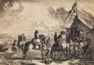 
	
		Jan de Visscher, 
		Dutch 1636-1692/1712- 
		 
		Cavalry scenes at camp, after Philips...