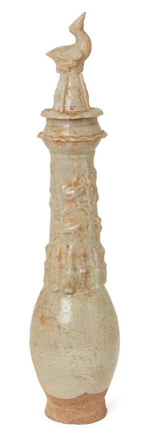 
	
		A Chinese Song style Qingbai funerary jar and cover, with bird finial and moulded to the...