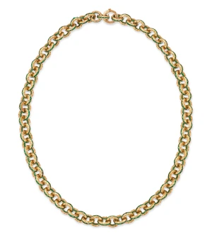 An emerald and diamond set chain necklace, each belcher link channel set with faceted emerald...