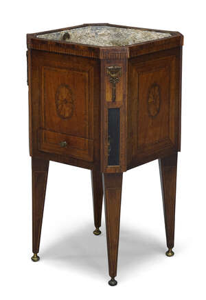 
	
		A Dutch satinwood, ebony and inlaid jardiniere, late 18th century, of square chamfered...