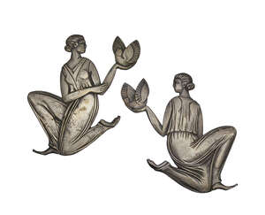 
	
		Art Deco, probably French, a Pair of silvered-bronze two-dimensional panels of 'Ladies...