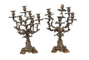 
	
		A pair of French gilt-bronze 6-light candelabra, of Rococo style, late 19th century, the...