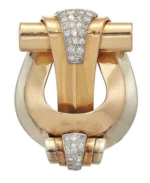 
	
		A 1940s gold and diamond brooch, of two colour gold horseshoe shaped panel design with...