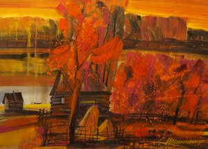 
	
		Vladimir Shappo, Belarusian b.1949- Farm in Autumn by the water's edge; watercolour,...