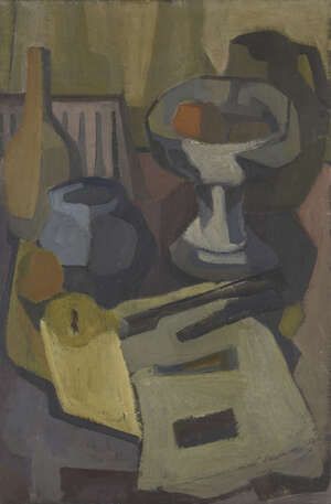 
	
		Kathe Strenitz, 
		British 1923-2017 - 
		 
		Still life with an orange vase and white...