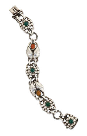 
	
		Georg Jensen, a silver 'leaf and seed' bracelet set with chrysoprase and amber
		GJ...