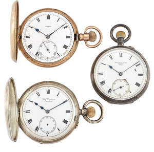 
	
		A 9ct gold open face demi hunter keyless pocket watch by Nallog and two silver keyless...