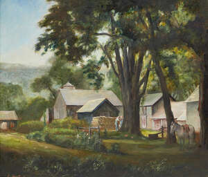 William Dean Fausett, 
American 1913-1998- 
Farm Yard; 
oil on board, signed lower left 'D....