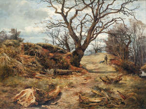 
	
		James Faed Jnr RSA, Scottish 1857-1920- Hunter and his dog in a river landscape, 1881; oil on...