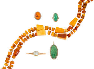 A small group of jewellery, comprising: a Russian, oval blue topaz single stone bar brooch, Soviet marks, length 5.1cm; an amber necklace composed of a series 