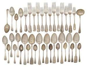 
	
		A quantity of Georgian silver flatware comprising: three George III tablespoons, London,...