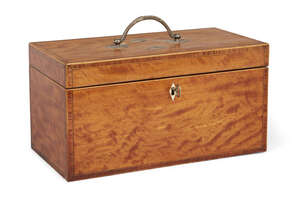 
	
		A large George III satinwood oblong tea caddy, silver swing handle and mounts, Joseph...