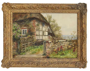 
	
		Frank Moss Bennett, 
		British 1874-1952- 
		 
		Cottage at Amberley; 
		 
		oil on...
