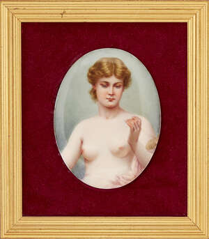 
	
		A German porcelain oval plaque of a lady with a distaff, possibly Penelope, wife of...