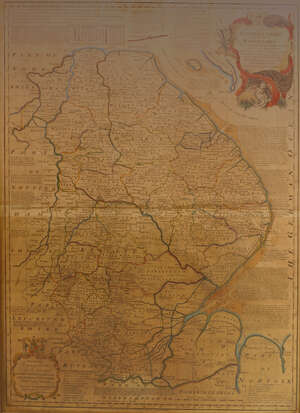 
	
		Emanuel Bowen, British 1694-1667- Lincolnshire; hand-coloured engraved map on laid paper,...