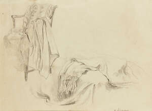 
	
		Henri Lebasque, 
		French 1865-1937 -  
		 
		Still life, chair & drapes; 
		 
		