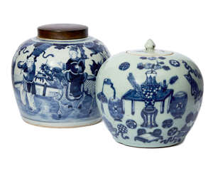 
	
		Two Chinese porcelain jars, 19th century, each painted in underglaze blue, one with...