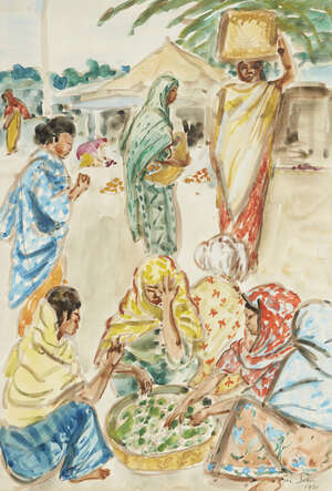 Vivien John, British 1915-1994- Village scene with women washing fruit, 1970; watercolour and gouache on paper, signed and dated, 53x36.8cm (ARR)