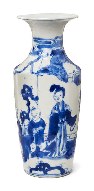 
	
		A Chinese porcelain vase, 19th century, painted in underglaze blue with a lady and two...