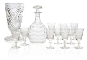
	
		Webb Corbett, an English cut glass vase
		1930s, with acid maker's mark
		Flared form...
