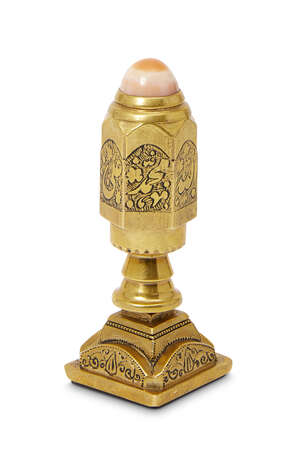 
	
		A Qajar inscribed carnelian seal set into an engraved brass stamp with agate knop, Iran,...