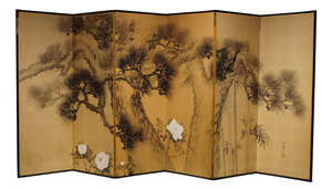 
	
		A large Japanese twelve-section screen, Edo period, ink and colour on paper, painted with...