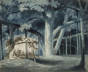 
	
		James Forbes, 
		British 1749-1819- 
		 
		Banyan Tree with monkeys in a glade; 
		 
		