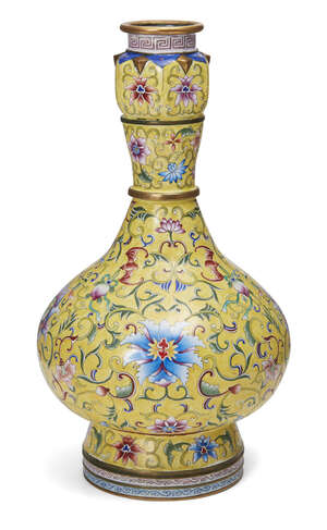 
	
		A Chinese Canton painted enamel garlic-head vase, 20th century, painted with lotus blooms...
