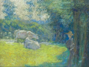 Claude Émile Schuffenecker,  French 1851-1934 - Fermier dans la prairie gardent ses vaches, c.1886; pastel on card laid down on board, 32 .5 x 42.2 cmProv