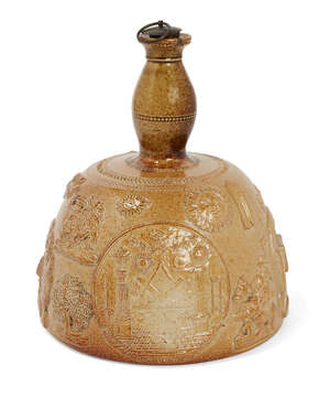 
	
		A Masonic stoneware setting maul shaped whisky flask, 19th century, of typical form,...