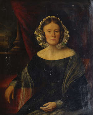 
	
		British School, 
		mid 19th century- 
		 
		Portrait of a lady, seated half-length in...