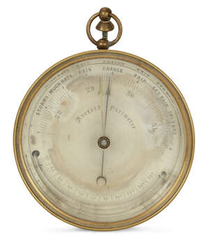 
	
		A Victorian aneroid barometer, late 19th century, the silvered dial calibrated in...