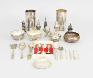 
	
		A pair of modern German silver cylindrical beakers, stamped 925, eact engraved with lion...