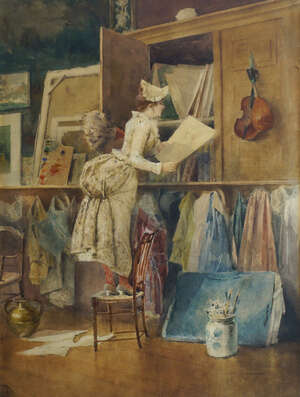 
	
		Eugene Grivaz, 
		French 1852-1915- 
		 
		A maid coming across a drawing of herself...