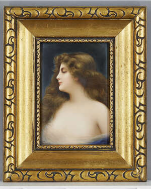 
	
		A German KPM style porcelain plaque, 19th century, painted with a portrait bust of a...