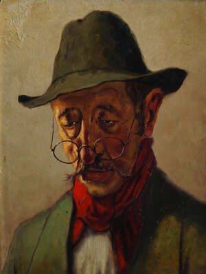 
	
		Austrian School, late 19th/early 20th century- Portrait of a man in hat and round rimmed...