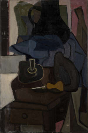 
	
		Kathe Strenitz RE, 
		British 1923-2017 - 
		 
		Still life with a large black vase...