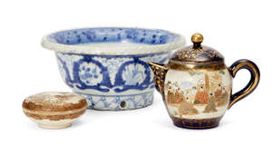 
	
		Japanese miniature Satsuma teapot, Meiji period, depicting two interior scenes of men and...