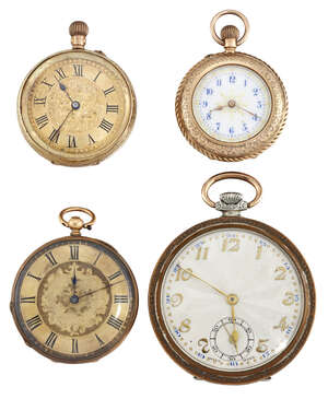 
	
		Three gold fob watches and a gilt open face pocket watch, including two keyless lever fob...