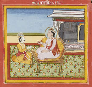 
	
		An illustration to the Mahabharata, Jaipur, circa 1790, opaque pigments on paper, 14 x...