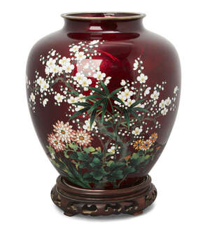
	
		A Japanese ginbari cloisonné enamel baluster vase, 20th century, decorated with cherry...